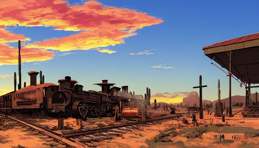 Prompt: train station roadside old west saloon cactus tombstones sunset sky clouds illustration by syd mead artstation 4 k 8 k graphic novel concept art matte painting