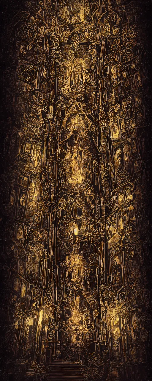 Prompt: photographic cathedral church altar, stranger things, upsidedown, gothic, baroque, black paper tarot, bringer of glowing light and life and death, skull, mystical, intricate #voxelart ornamental oriental tarot tower floral flourishes, technology meets fantasy, glass, copper, steel, emerald, diamond, amethyst, glass, map, infographic, poster, concept art, octane, 8k insane detail, style of monument valley, wes anderson