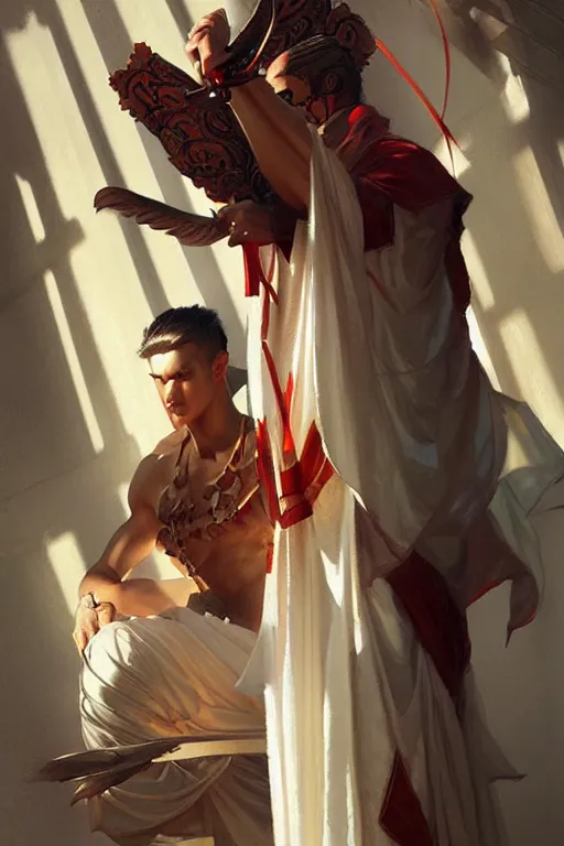 Image similar to male, temple, taoism, painting by greg rutkowski, j. c. leyendecker, artgerm