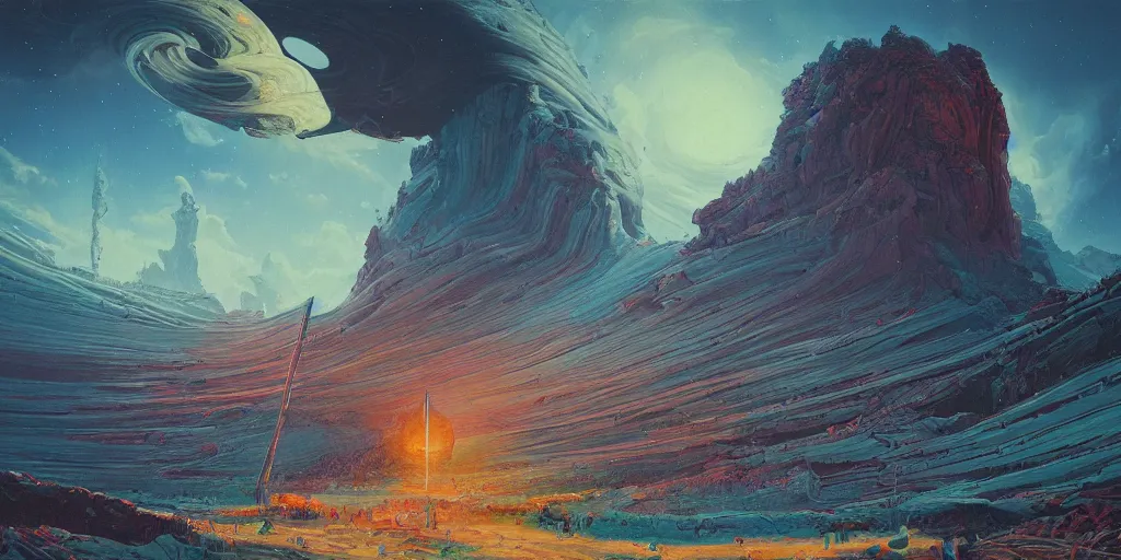 Image similar to pilgrimage to saturn, a highly detailed cinematic oil painting by roger dean and alena aenami, dynamic lighting