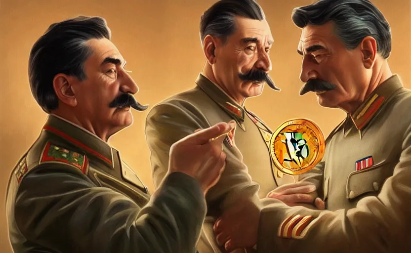 Prompt: angry realistic josef stalin trading bitcoin in front of computer trading bitcoin, portrait, highly detailed, hyperrealistic, digital painting, artstation, concept art, smooth, sharp focus, illustration, cinematic lighting, art by artgerm and greg rutkowski and alphonse mucha
