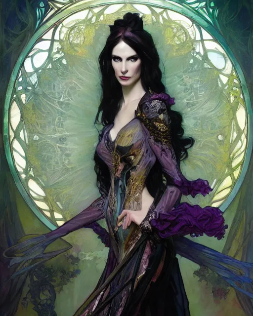 Image similar to wlop and daniel gerhartz and alfons mucha detailed portrait digital rococo painting of a beautiful serious villainess wearing fantasy clothing like liliana vess, villainess has black angel wings, evil mood, hellish battlefield in the background, embers flying, unreal engine, hyper realism, realistic shading, cinematic composition, blender render, octane render, ultrawide shot