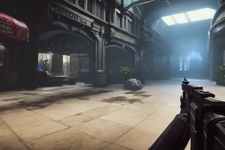 Prompt: a first person shooter game trailer on a victorian shopping mall, cinematic lightning, ray tracing, unreal engine 5, photorealistic, 8 k, uhd, 4 k holding a ak - 4 7, fps game concept, extremely detailed, beautiful, elegant, intricate, foggy, in - game footage