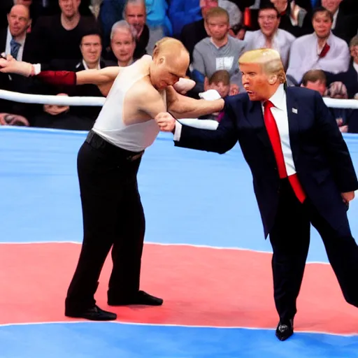 Prompt: donald trump wrestling vladimir putin, wrestling ring, vivid, colorful