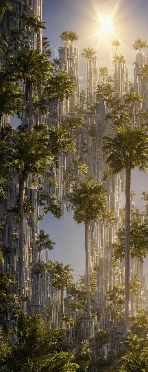 Image similar to photorealistic photo a contemporary babylon tower, golden details, sacred geometry architecture, cascading highrise, arid mountains with lush palm forest, sunlight, god rays, post - production, octane, cgi, sfx