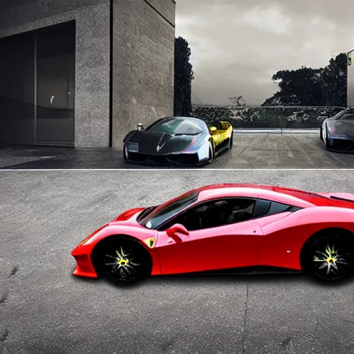 Image similar to realistic photographie lamborgini luxury mix with ferrari inside a plastique collector box