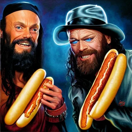 Prompt: portrait of wwf macho man randy savage and wcw sting sharing hotdogs, an oil painting by ross tran and thomas kincade