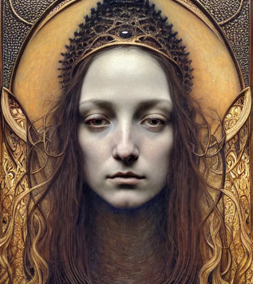 Image similar to detailed realistic beautiful young medieval queen face portrait by jean delville, gustave dore and marco mazzoni, art nouveau, symbolist, visionary, gothic, pre - raphaelite. horizontal symmetry by zdzisław beksinski, iris van herpen, raymond swanland and alphonse mucha. highly detailed, hyper - real, beautiful