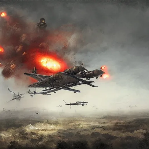 Image similar to huge steampunk aircraft in battle, sky, explosions, dense fog, jakub rozalski