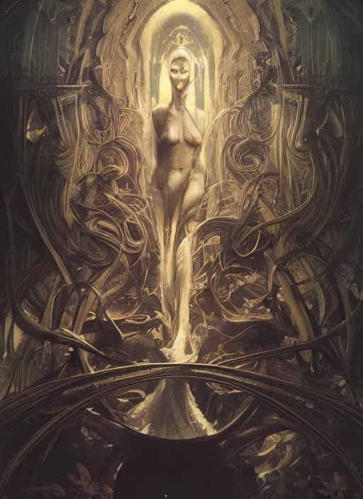 Image similar to the first thing we see after we die physically accurate, moody dynamic lighting, very very intricate, very very elegant, highly detailed, digital painting, artstation, HR GIGER, Hieronymus Bosch, Francis Bacon, concept art, smooth, very beautiful, sharp focus, illustration, art by artgerm and greg rutkowski and alphonse mucha