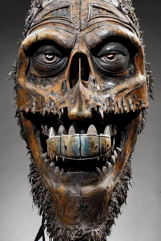 Image similar to photo taken of an epic intricate, ultra detailed, super realistic gritty, hero prop, exquisitely weathered animatronic movie prop of a lifelike sculpture of a tlaloc the god of the death creature displayed in the workshop, created by weta workshop, full body shot, photorealistic, sharp focus