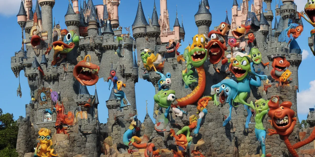 Image similar to object local coordinates for happy caricatures of dragon and castle, disney and pixar dark dank scary