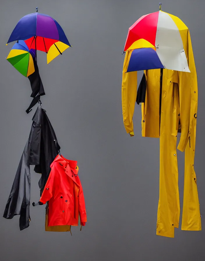 Prompt: close - up portrait of an empty slick fashionable zara raincoat floating suspended mid - air on a rainy display designed by james terrell, wes anderson, okuda, symmetry, rule of thirds