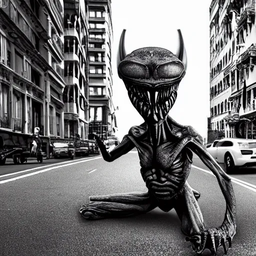 Image similar to alien monster on a city street, realistic