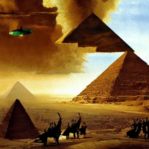 Image similar to joe rogan, king of the pharaohs, fends off aliens atop the pyramid of giza as a war of the world style invasion is happening. masterpiece illustration by albert bierstadt and billy butcher. h 6 4 0