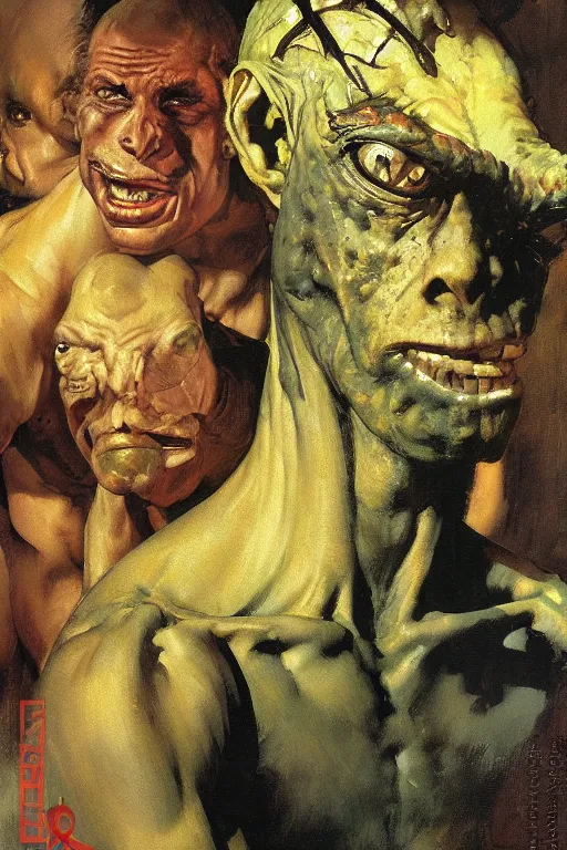 Image similar to upper body and head portrait of lizard man, by norman rockwell, roberto ferri, daniel gerhartz, edd cartier, jack kirby, howard v brown, ruan jia, tom lovell, frank r paul, jacob collins, dean cornwell, 5 0 s pulp scifi fantasy illustration