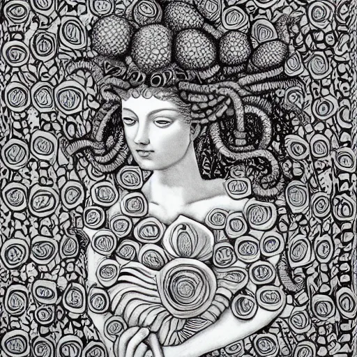 Image similar to detailed, portrait of medusa, surrounded by lotus flowers and geometry