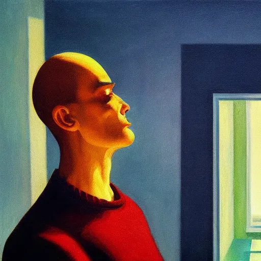 Prompt: a man emitting ray lights from his open eyes, painting by edward hopper