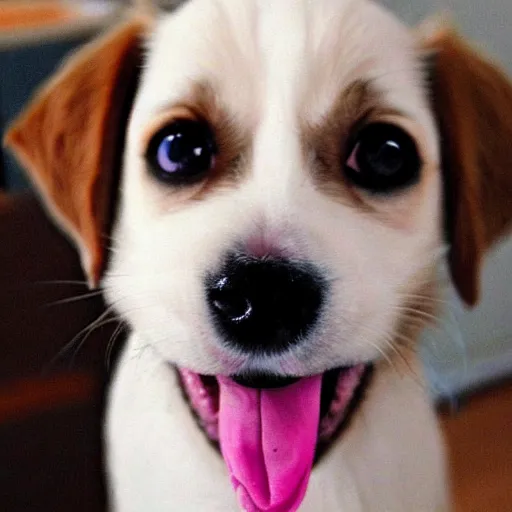 Prompt: a cute puppy with anime eyes looking up with it's tongue sticking out and it's head tilted sideways