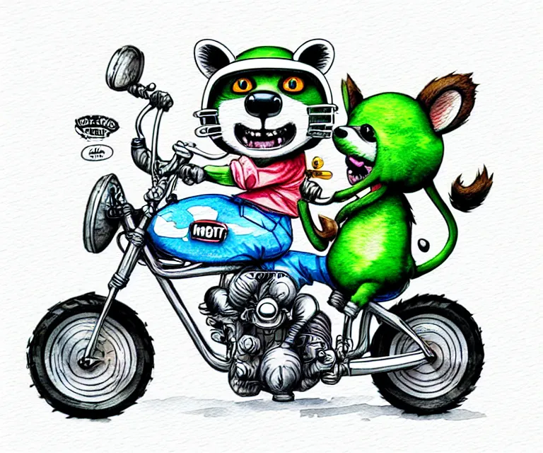 Image similar to cute and funny, racoon wearing a helmet riding on a tiny sport motorcycle with oversized engine, ratfink style by ed roth, centered award winning watercolor pen illustration, isometric illustration by chihiro iwasaki, edited by range murata