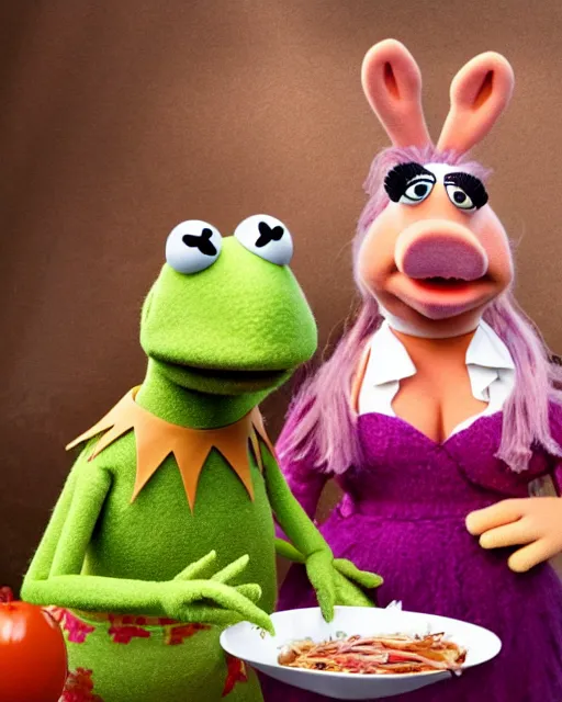 Image similar to photoshoot of muppet miss piggy preparing a meal, 8 k, photorealistic