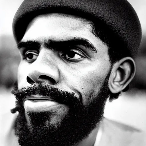 Image similar to Portrait of Kyrie Irving, Kyrie Irving as Che Guevara, Guerilla Heroico, Black and White, Photograph by Alberto Korda, inspiring, dignifying, national archives