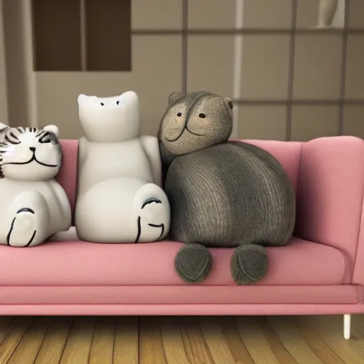 Image similar to loving cartoon bear and cartoon cat sitting in couch, cgi render