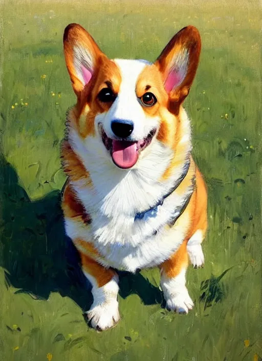 Image similar to Greg Manchess painting of a Corgi in Power Armor, countryside, calm, fantasy character portrait, dynamic pose, above view, sunny day, artwork by Jeremy Lipkin and Giuseppe Dangelico Pino and Michael Garmash and Rob Rey, very coherent asymmetrical artwork, sharp edges, perfect face, simple form, 100mm