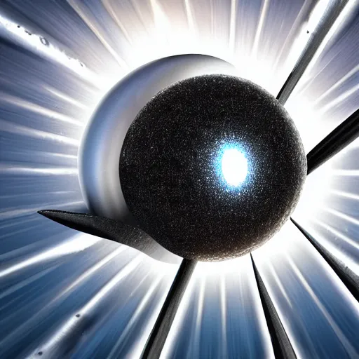 Image similar to a reflective metal sphere with spikes protruding from it opening a black hole to another dimension.