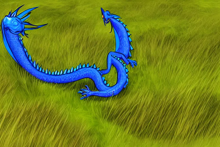 Image similar to a round blue dragon rolling down a green hill, digital art