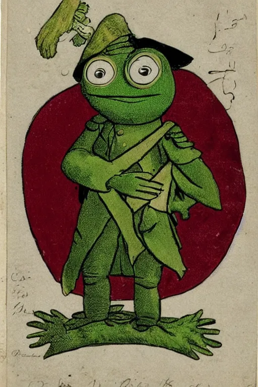 Image similar to pepe the frog in 1 7 5 8 uniform of the 6 5 th regiment of foot with tricorne hat