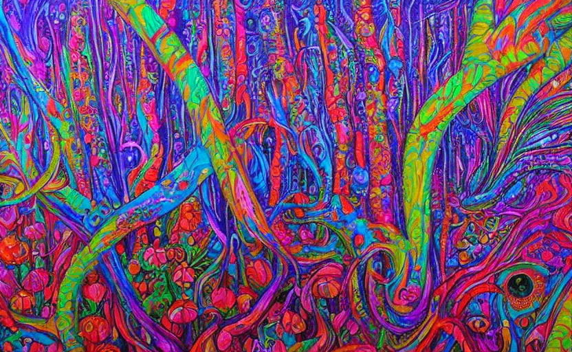 Prompt: psychedelic candy!!!!!!! forest by alexy grey, acrylic painting!!!, intricate details!!!!, fine brush!!!!!!