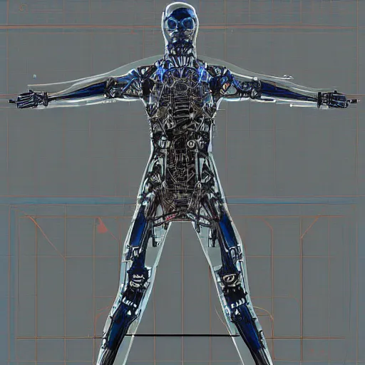 Image similar to T-posing image of a cybernetically augmented human male, pencil, technical drawing, blueprints, Digital art, detailed