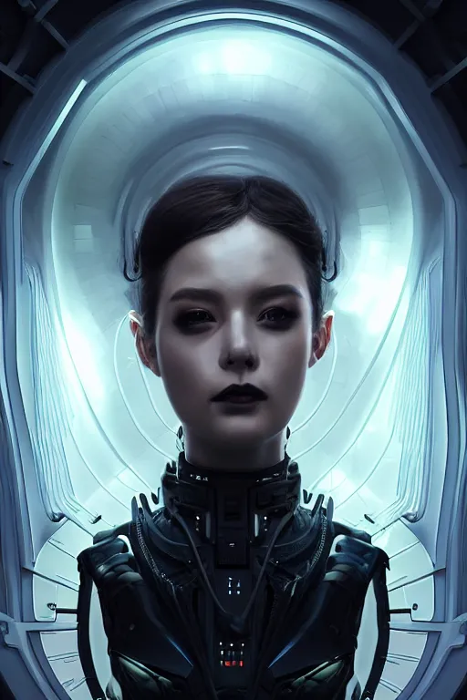 Image similar to portrait futuristic beautiful and stunning and gothic female army navy, at inside of a future submarine, ssci-fi, fantasy, intricate, very very beautiful, elegant, neon light, highly detailed, digital painting, artstation, concept art, soft light, hdri, smooth, sharp focus, illustration, art by tian zi and craig mullins and WLOP and alphonse mucha