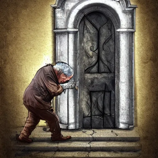 Prompt: old man greeting a visitor at an old magical door, digital art, 4 k, fantasy