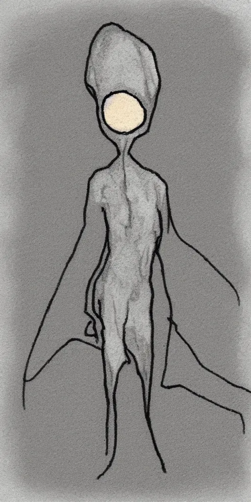 Prompt: impressionist sketch of an alien came to earth, nighttime, weird, elegant, panorama, character is small