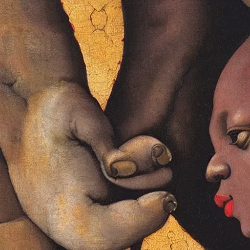 Image similar to Michelangelo painting of an African woman holding hands with a white woman