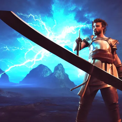 Image similar to guy holding a gigantic sword 3d, 3-dimensional, photorealistic, multiverse, realistic, cinematic, full hd render, 3d octane render, unreal engine 5, redshift render, immense detail, interdimensional lightning, enhanced quality, 4k UHD