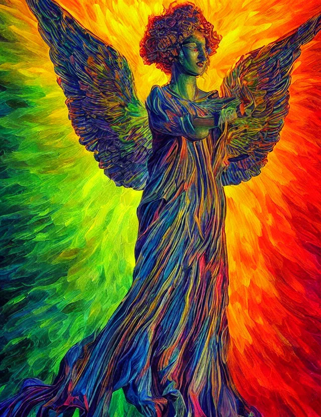 Image similar to spirit of the solar mythos mercurial angel light, award winning oil painting, chromatic aberration polychromatic color palette