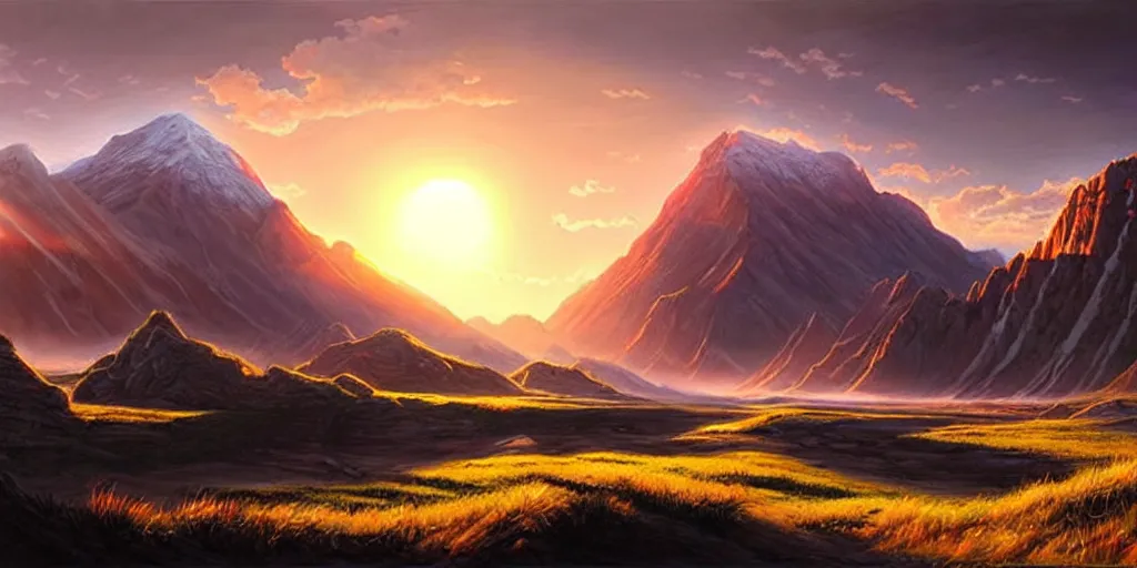 Prompt: a beautiful landscape, sun rises between two mountains, concept art by john stephans, extremely detailed, hyper realism