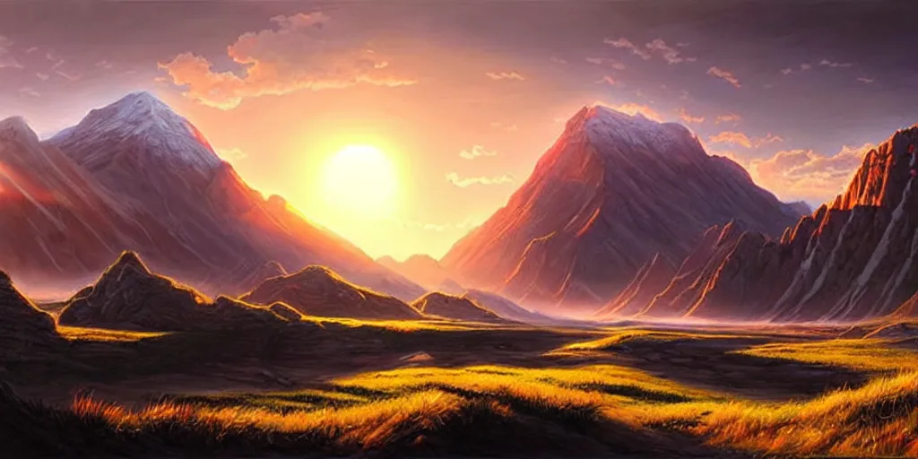 Image similar to a beautiful landscape, sun rises between two mountains, concept art by john stephans, extremely detailed, hyper realism