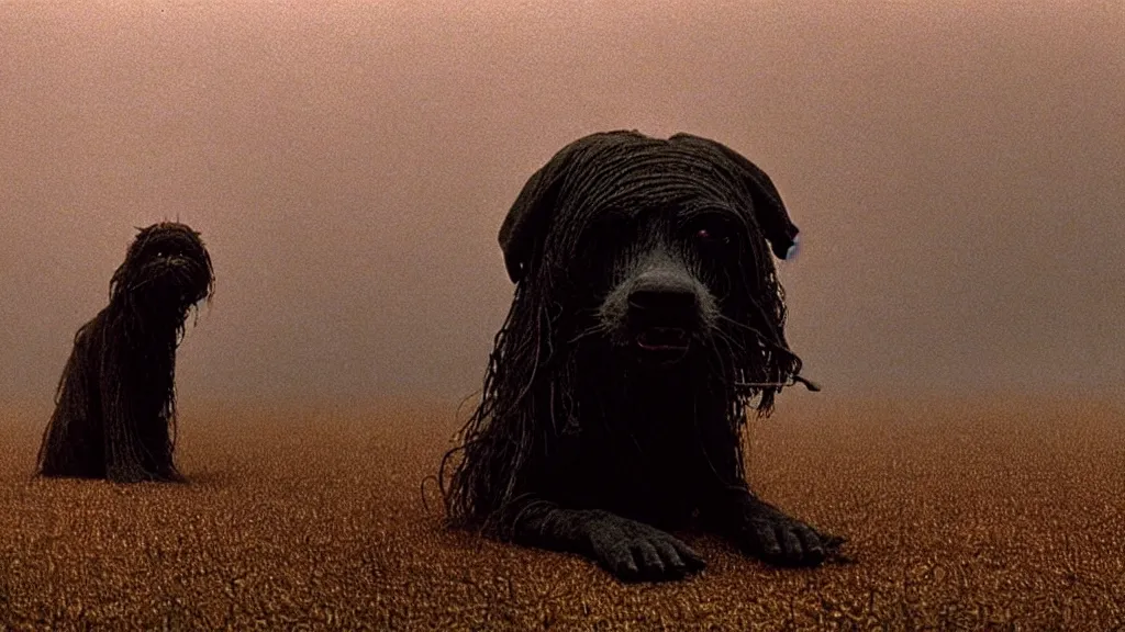 Image similar to the strange dog who sneers, film still from the movie directed by denis villeneuve and david cronenberg with art direction by salvador dali and zdzisław beksinski, wide lens