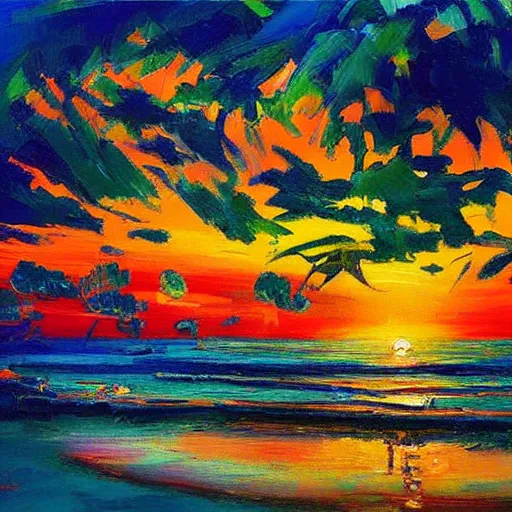 Image similar to an impasto oil painting of beautiful tropical islands during a colorful sunsetpainted by ken hong leung