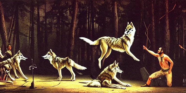 Prompt: wolves perfoming in the circus. long shot. art by ivan shishkin