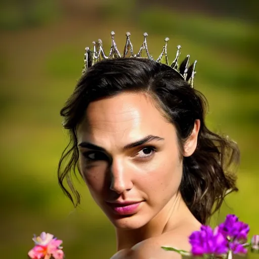 Image similar to photo of the beauty gal gadot, she is posing while maintain a sweet eye contact to the camera, she has a crown of flowers, the photo was taken at sunset with a bokeh effect, photo taken by edward steichen, photorealistic, matte painting, hyper realistic, 4 k, 8 k, cinematic composition, hd, highly detailed, trending on artstation