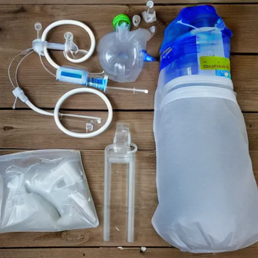 Image similar to musical instrument made out of clear tubing, syringes, urine collection bag, iv pole, fluid bag, nebulizer equipment