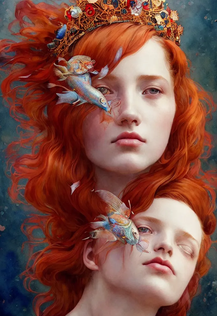 Image similar to beautiful watercolor painting of a young red hair woman wearing a crown completely made of fish, intricate, elegant, highly detailed, digital painting, artstation, concept art, smooth, sharp focus, art by krenz cushart and artem demura and alphonse mucha, dynamic lighting, ultrarealistic, cinematic, octane render, 8 k