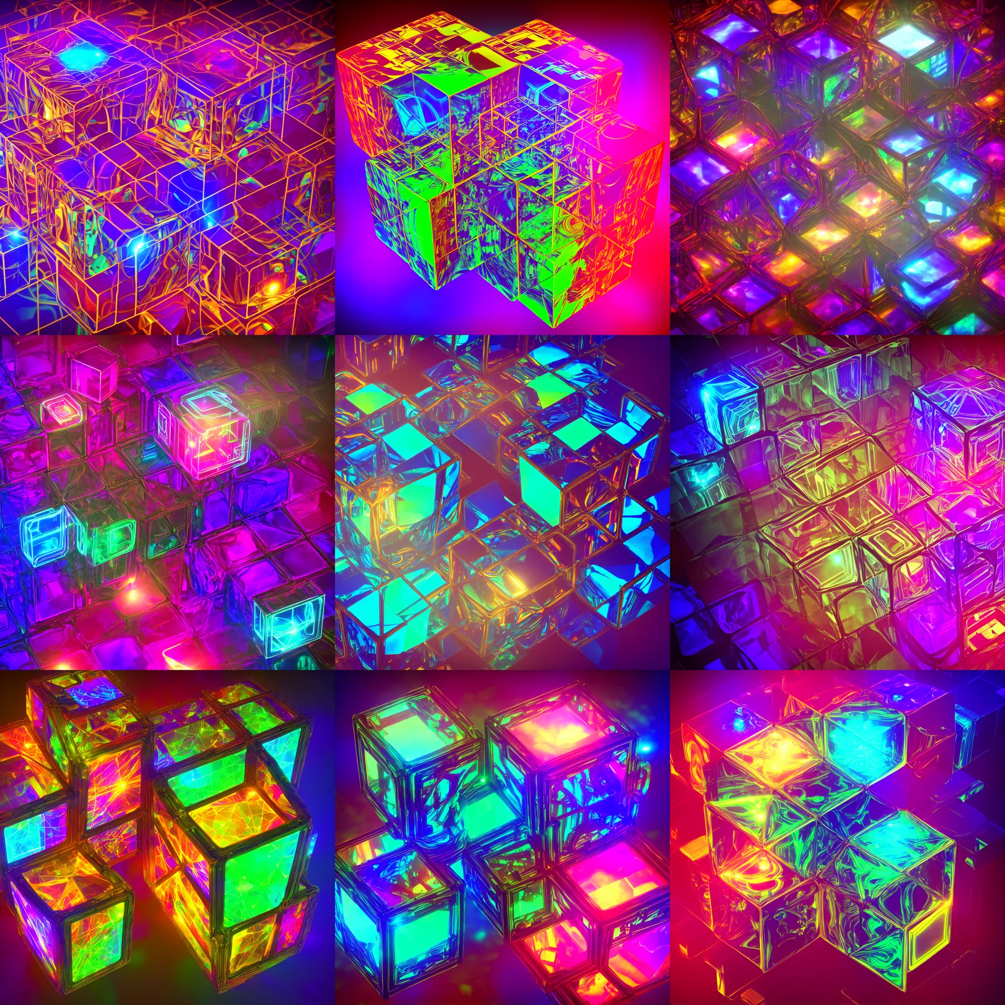 Image similar to a steampunk cube inside a hypercube consisting of fractals shiny luminescence neocube nanostructure neon colorful detalized lines, background mirror lake in magical colorful fog, octane render, hyper realistic, ultra realistic