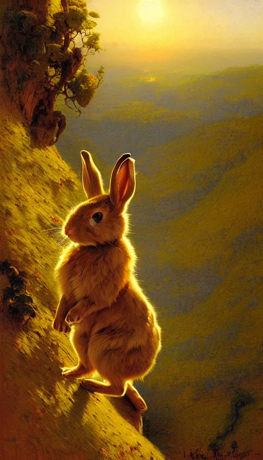 Image similar to hyper realistic rabbit looking off of a cliff, sun setting behind rabbit, lush forest in valley below, painted by gaston bussiere, craig mullins, j. c. leyendecker 8 k