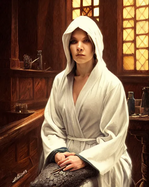 Prompt: a d & d rogue wearing robes, sitting alone in a dim tavern, fantasy character portrait, ultra realistic, intricate, elegant, highly detailed, digital painting, artstaion, smooth, sharp, focus, illustration, art by artgerm and greg rutkowski and alphonse mucha